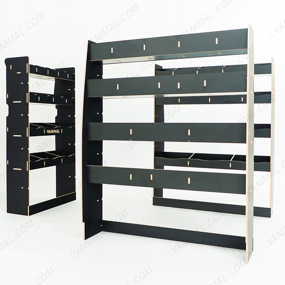 Professional hexaboard van racking configuration for Nissan Interstar 2025 with bulkhead and rear storage units