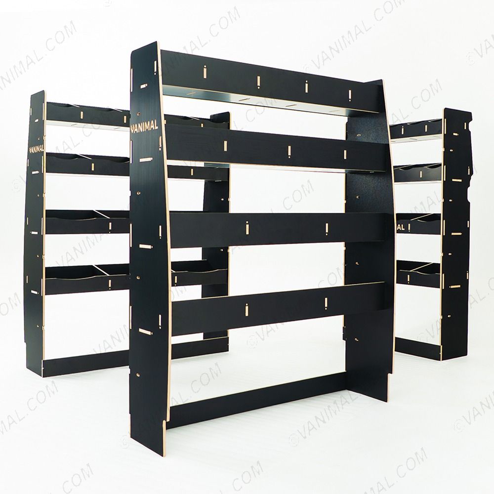 Heavy‑duty hexaboard triple‑pack racking for Nissan Interstar 2025 with bulkhead and rear multi‑compartment storage