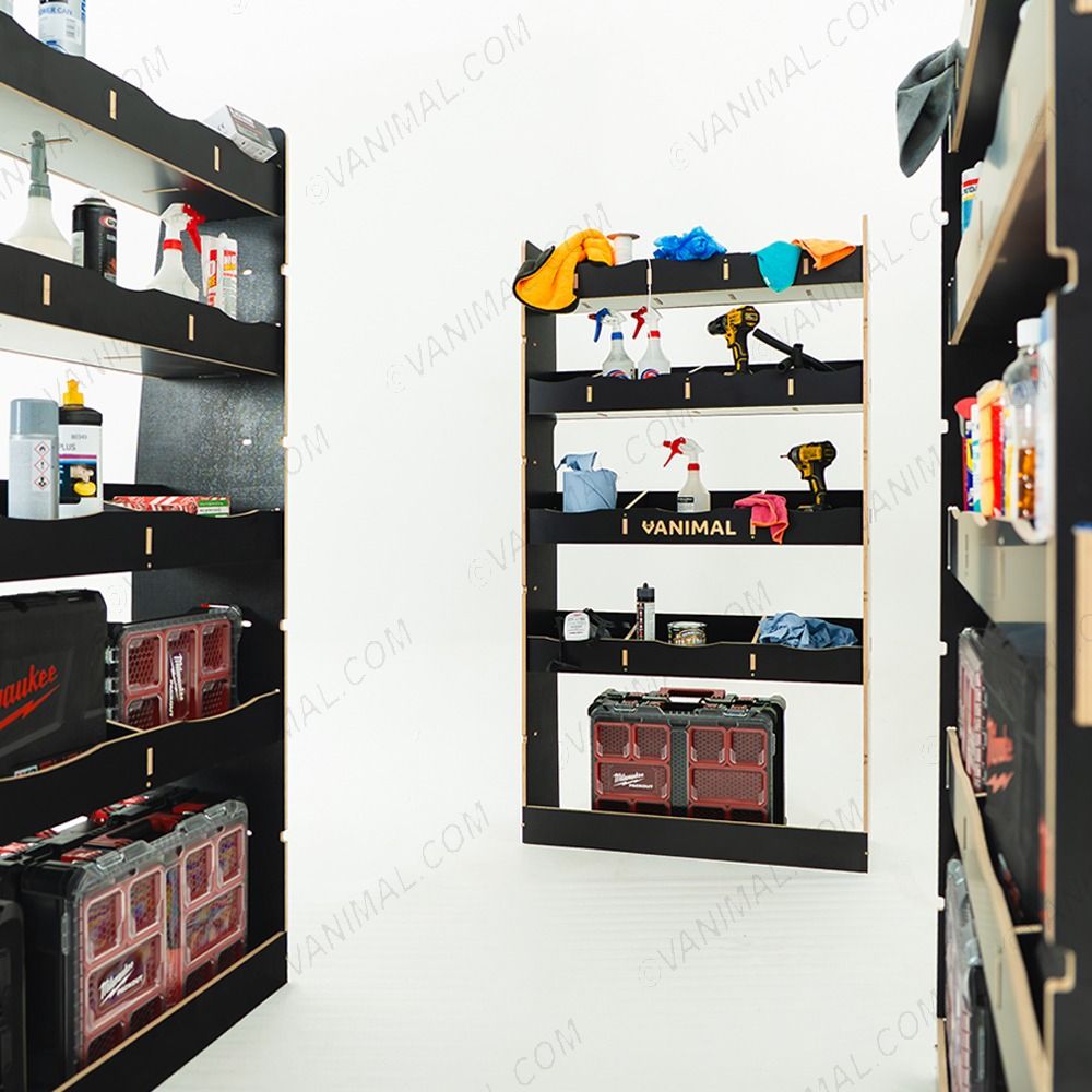 Nissan Interstar 2025 full‑length hexaboard racking system with bulkhead compartments and rear shelving modules