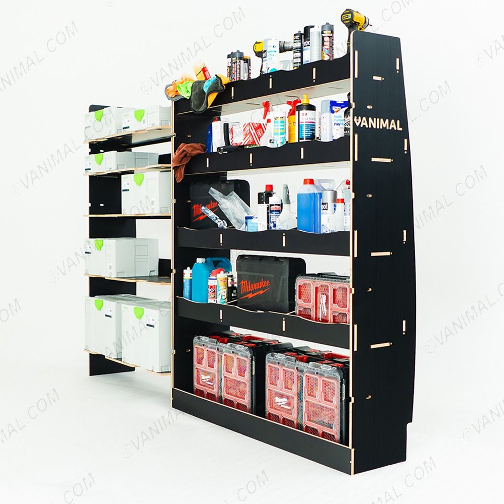 Complete Nissan Interstar 2025 driver side hexaboard racking system with Festool shelves