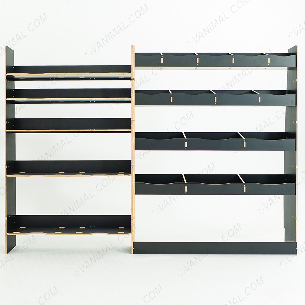 Side van view of the Nissan Interstar 2025- Hexaboard Driver Side Van Racking with x5 Festool Systainer Shelves 