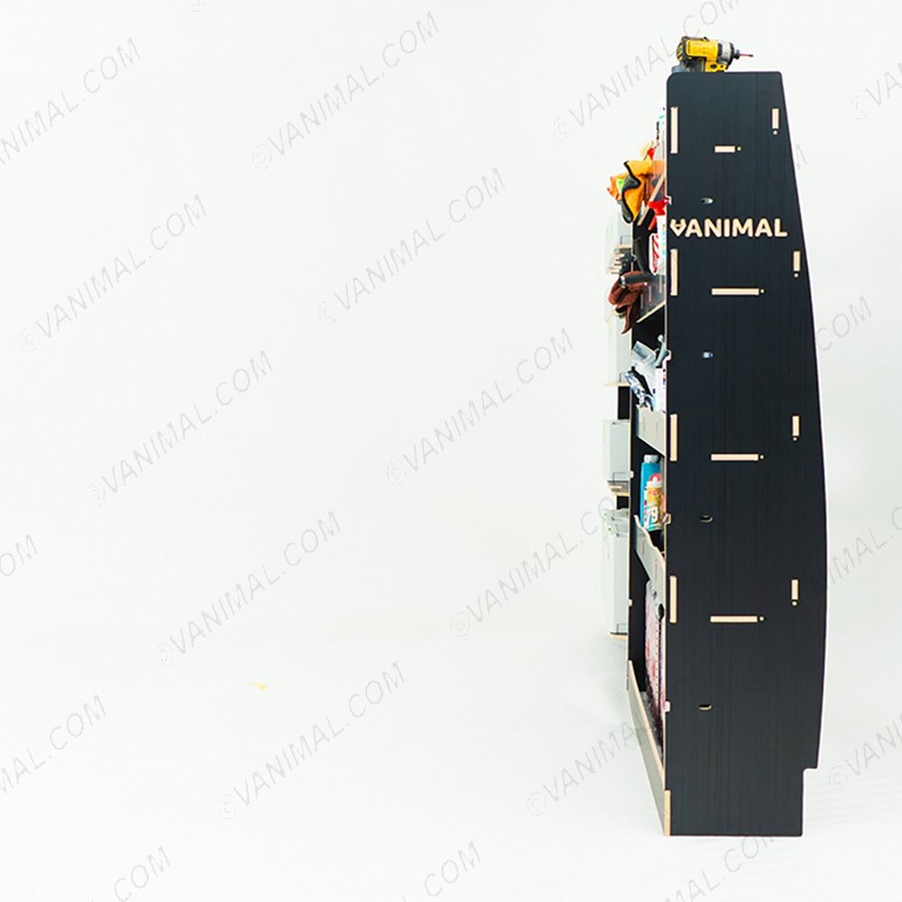 Rear van view of the Nissan Interstar 2025- Hexaboard Driver Side Van Racking with x5 Festool Systainer Shelves displayed with tools and toolboxes