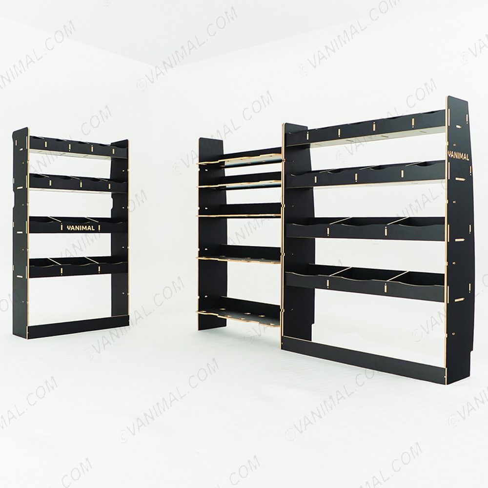 Nissan Interstar 2025 modular hexaboard racking with bulkhead compartments, Festool Systainer shelves and 15‑compartment OS rear unit