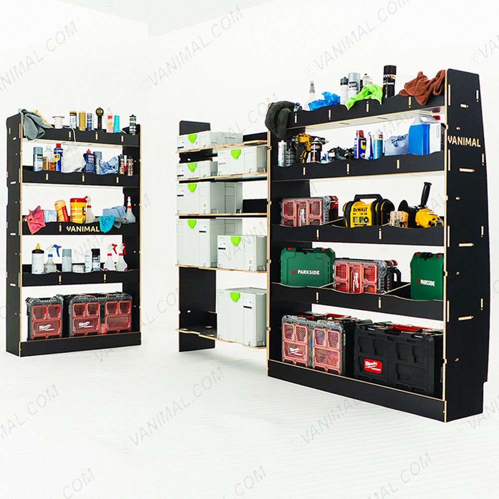 Nissan Interstar 2025 hexaboard triple racking system with bulkhead storage, Festool shelves and OS rear compartments