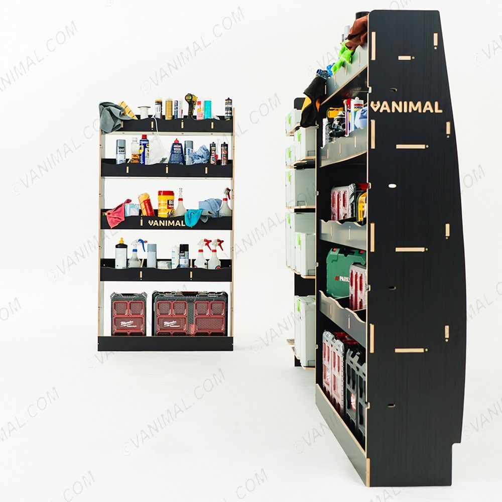 Heavy‑duty hexaboard triple‑pack racking for Nissan Interstar 2025 with Festool front module and full‑height bulkhead and rear storage