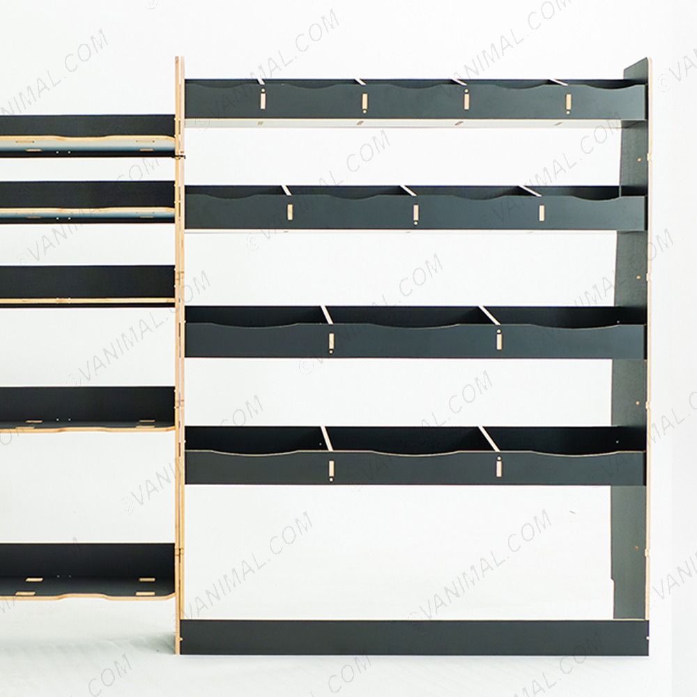 Close-up side van view of the rear section of the Ford Nissan Interstar 2025- MWB Hexaboard Driver Side with Front Festool and Bulkhead (Triple Pack) displayed with tools and toolboxes