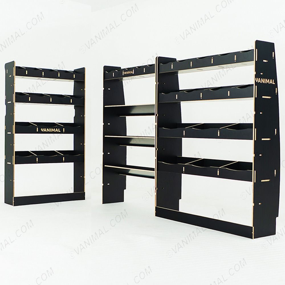 Full hexaboard van racking setup for Nissan Interstar 2025 with bulkhead module, angled toolbox shelves and rear shelving