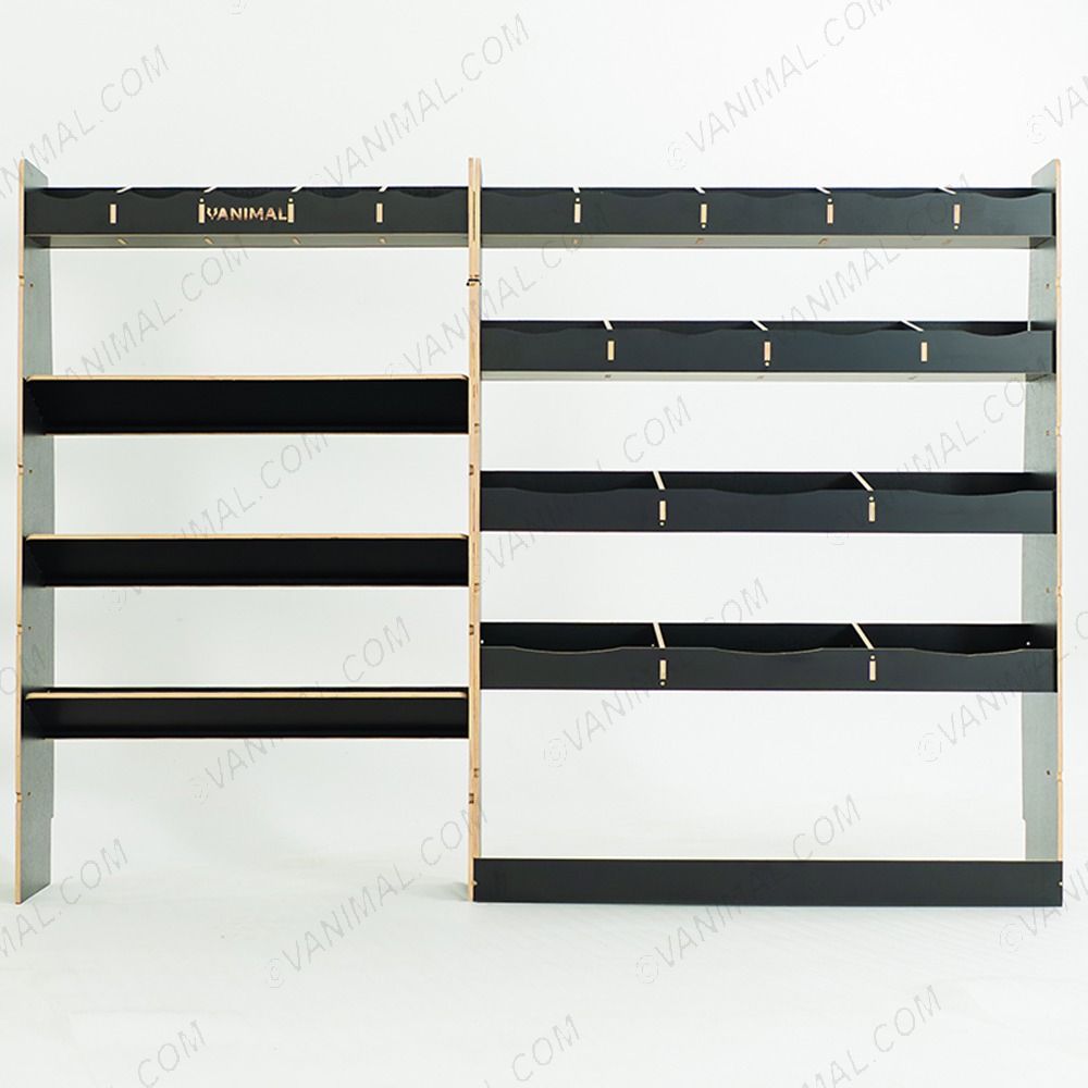 Close-up side van view of the driver section for the Ford Nissan Interstar 2025- LWB Hexaboard Driver Side with Toolbox and Bulkhead (Triple Pack) displayed with tools and toolboxes