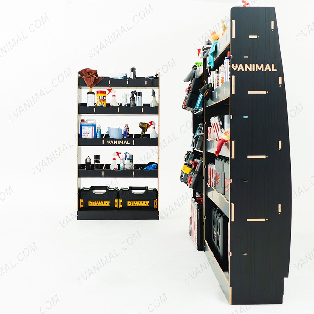 Nissan Interstar 2025 modular hexaboard racking with bulkhead compartments, 3 angled shelves and 15‑compartment rear unit