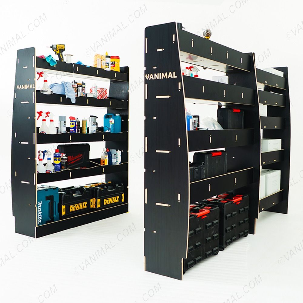 Full hexaboard racking setup for Nissan Interstar 2025 with 5 Festool shelves and twin 15‑compartment rear units