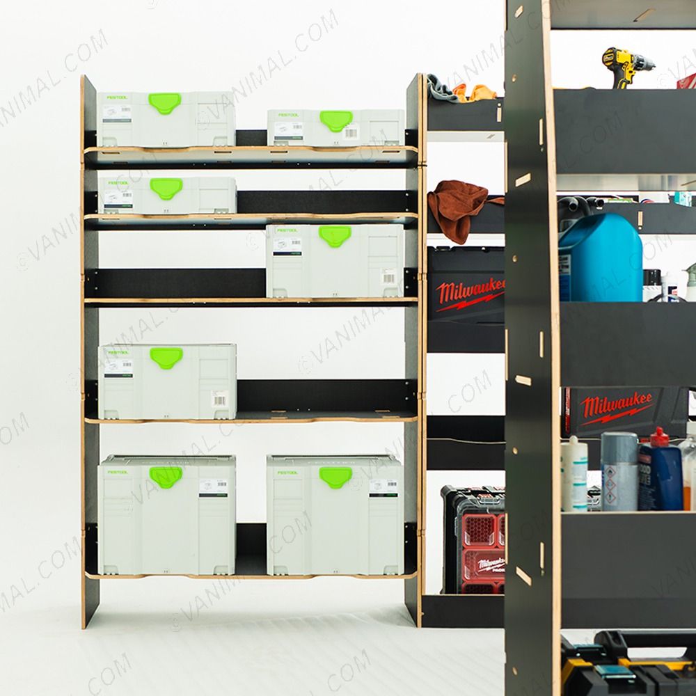 Nissan Interstar 2025 full‑length hexaboard racking system with Festool Systainer shelves and rear compartment modules