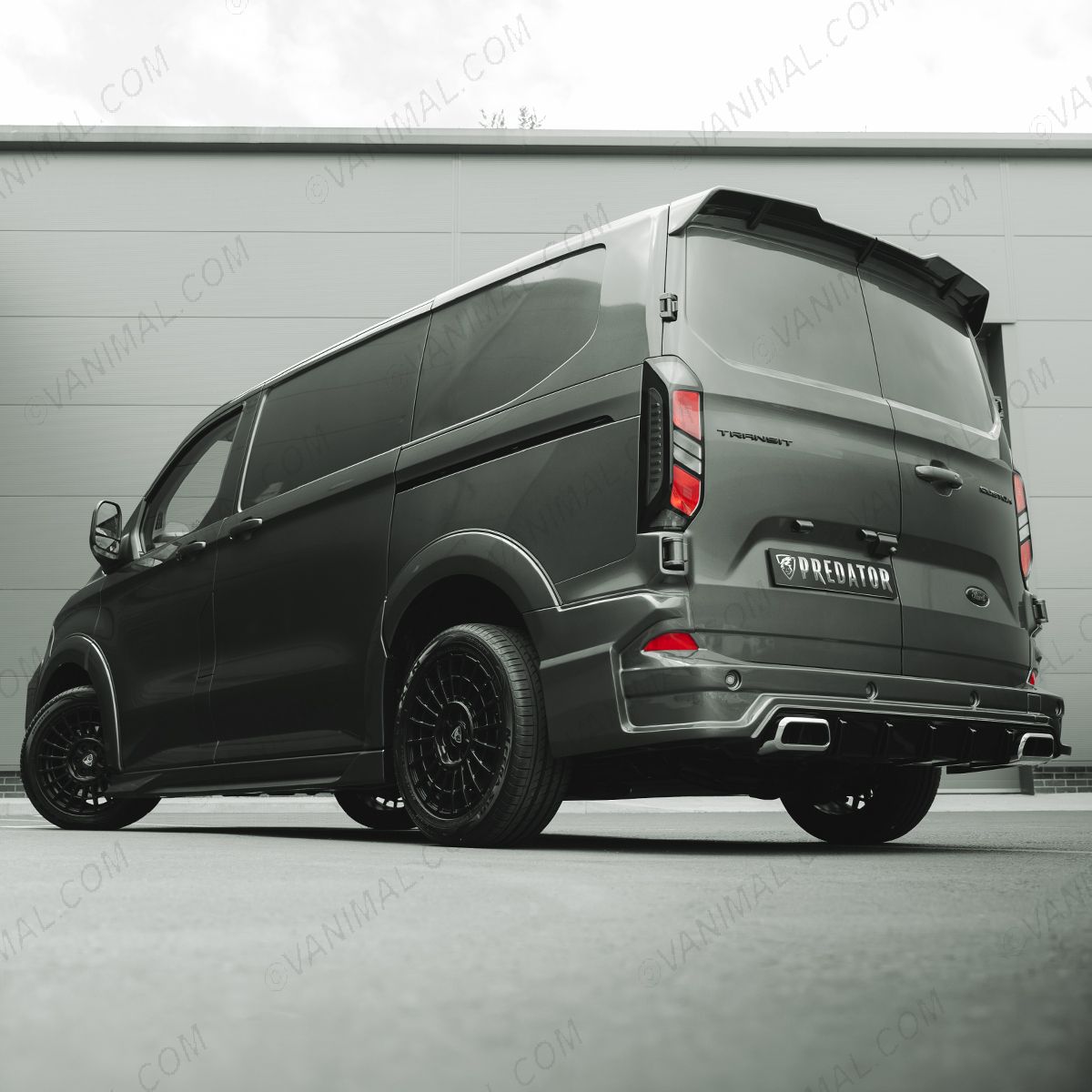 Rear van view of the Ford Transit Custom 2023- Full Predator Body Kit LWB with Rear Door Spoiler