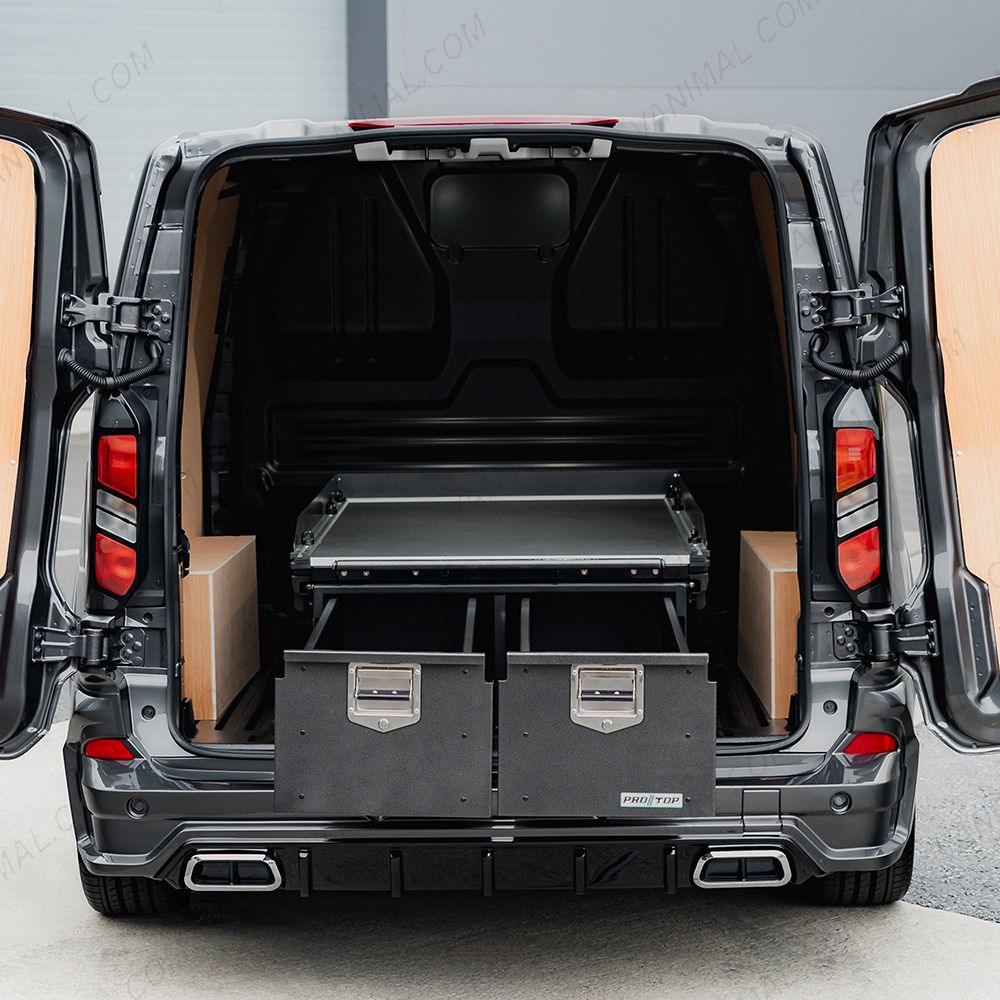 Rear van view of the ProTop Deep Twin Drawer with Sliding Floor displayed with drawers open