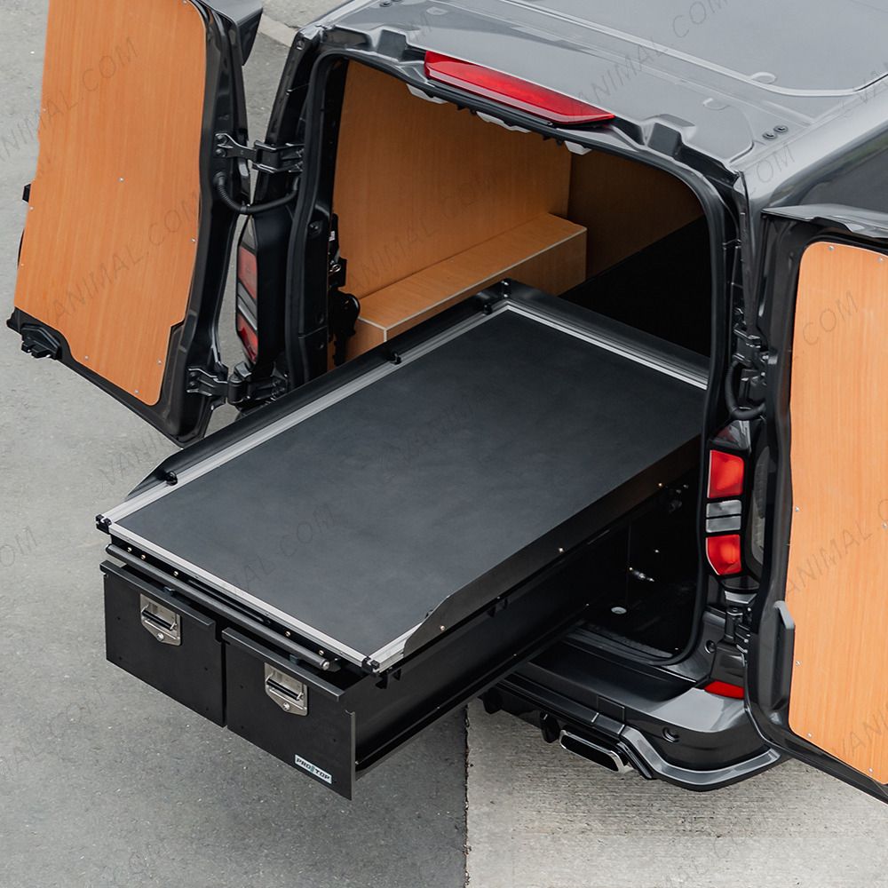 Top angle view of theProTop Deep Twin Drawer with Sliding Floor displayed with drawers and sliding tray open