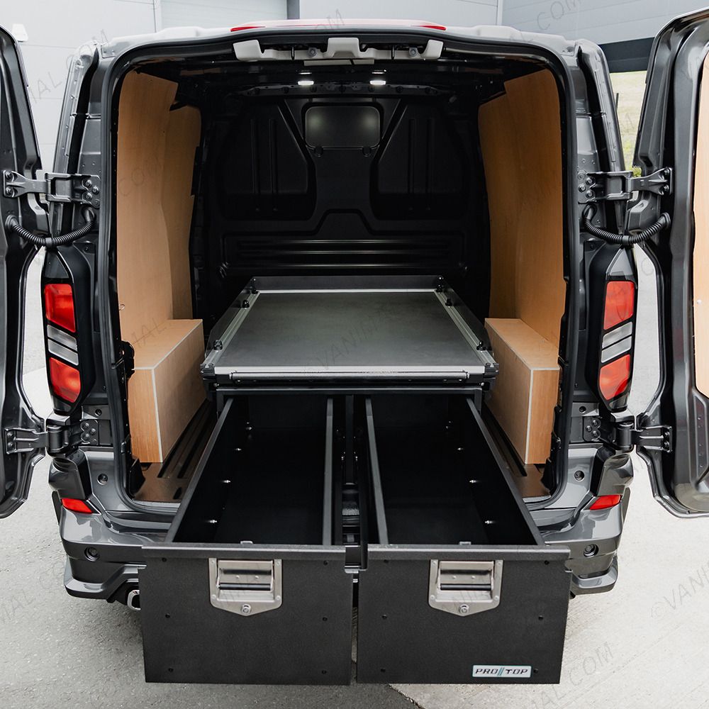 Rear van top angle view of the ProTop Deep Twin Drawer with Sliding Floor displayed with drawers open