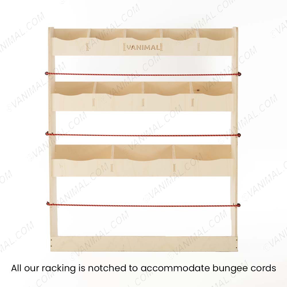 All Vanimal racking comes pre-notched for bungee cords