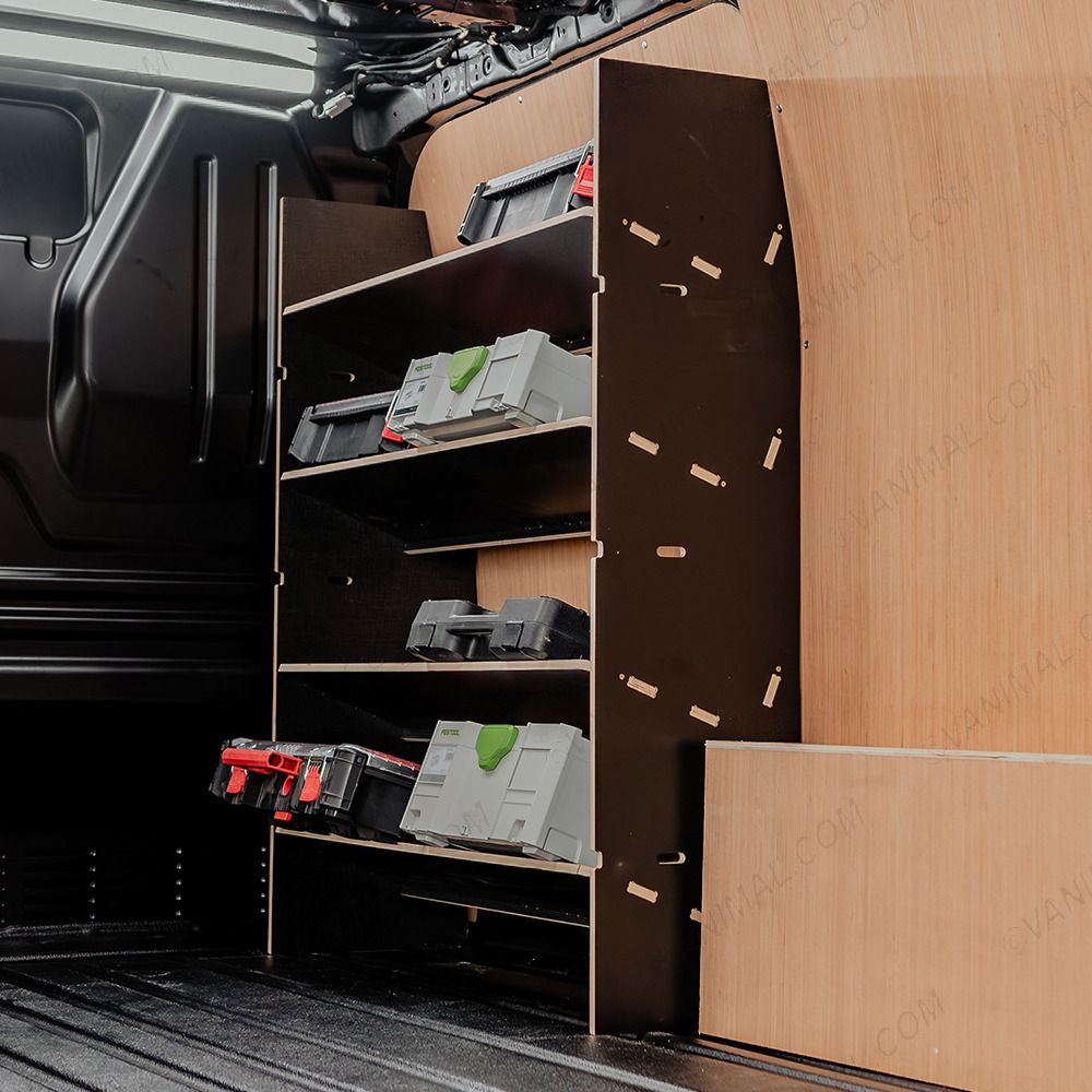 Rear van side angle view of the Fiat Scudo Hexaboard Front Toolbox Racking with x4 Shelves