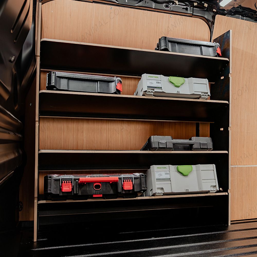 Side van angle view of the Fiat Scudo Hexaboard Front Toolbox Racking with x4 Shelves