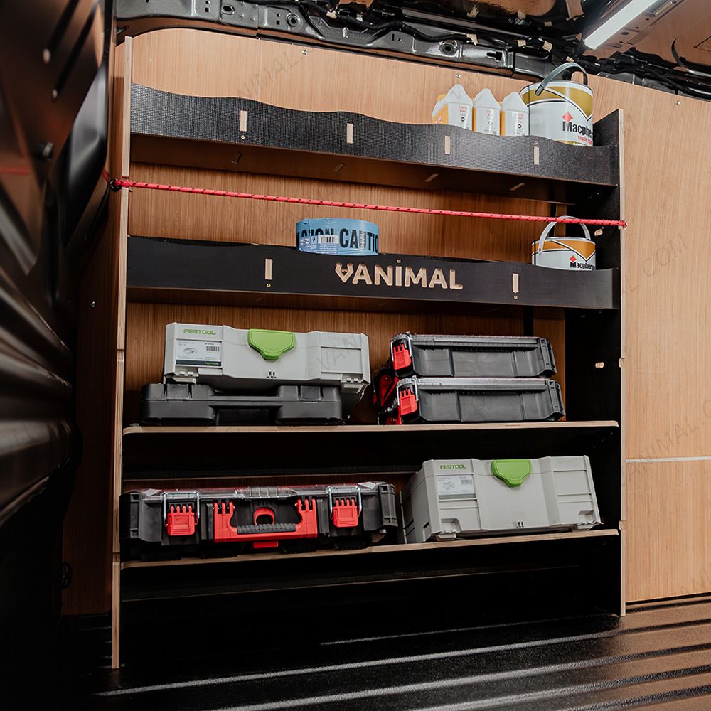 Side van angle view of the Fiat Scudo Hexaboard Front Toolbox Racking with x2 Shelves