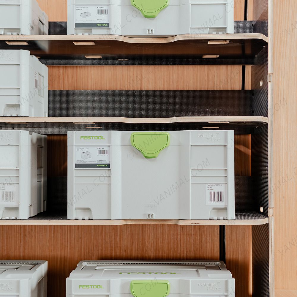 Close-up front view of the Festool Systainer Shelving with boxes displayed