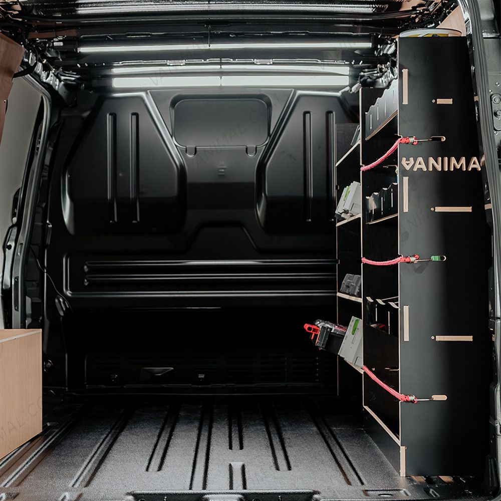 Rear van view of the Fiat Scudo SWB Hexaboard Driver Side Racking with x4 Toolbox Shelves