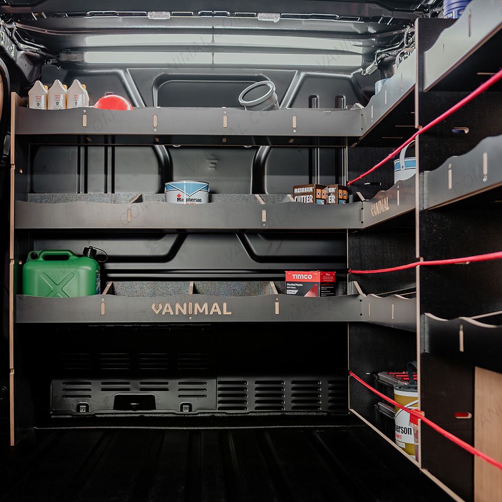 Close-up view of the Fiat Scudo SWB Hexaboard OS Rear Van Racking and Bulkhead/Front RH L-Rack