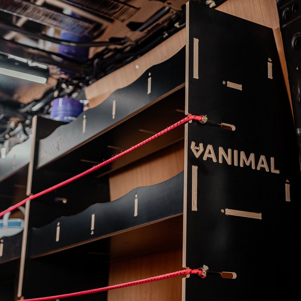 Close-up side panel view of the Vanimal branding and pre-notched for bungee cords