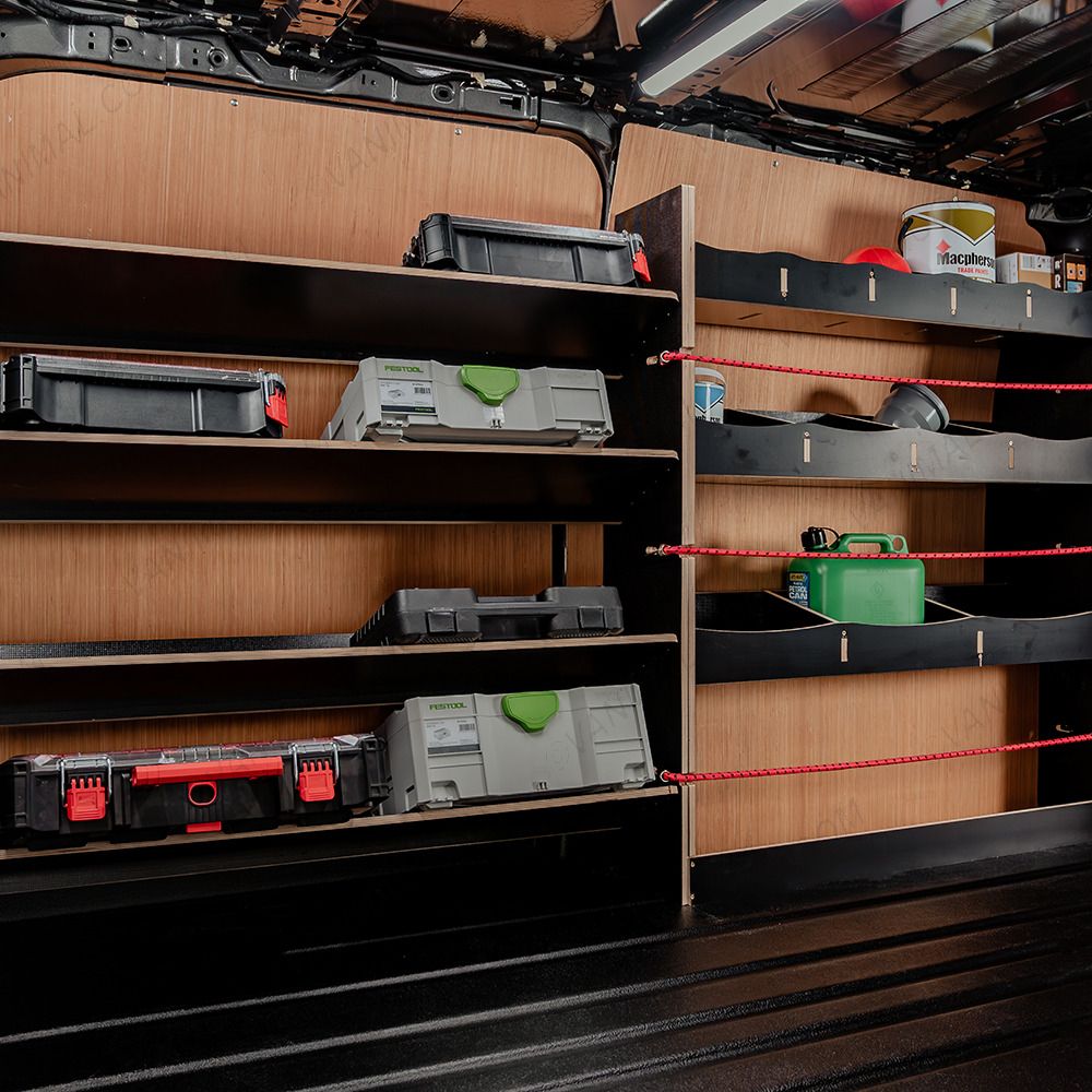 Side van angle view of the Fiat Scudo LWB Hexaboard Driver Side Racking inc x4 Toolbox Shelves