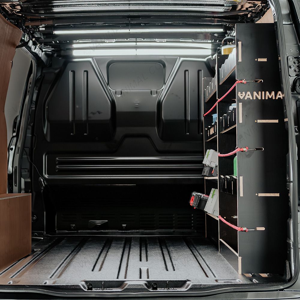 Rear van view of the Fiat Scudo LWB Hexaboard Driver Side Racking inc x2 Toolbox Shelves