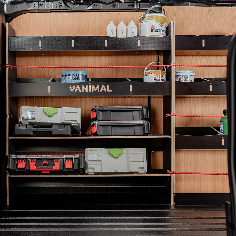 Side van view of the Fiat Scudo LWB Hexaboard Driver Side Racking inc x2 Toolbox Shelves