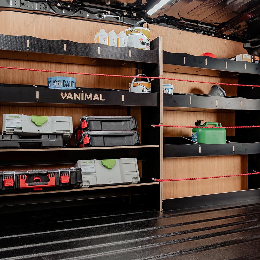 Side van angle view of the Fiat Scudo LWB Hexaboard Driver Side Racking inc x2 Toolbox Shelves