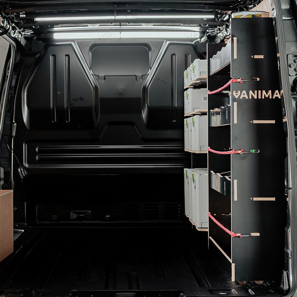 Rear van view of the Fiat Scudo LWB Hexaboard Driver Side Racking inc x4 Festool Shelves