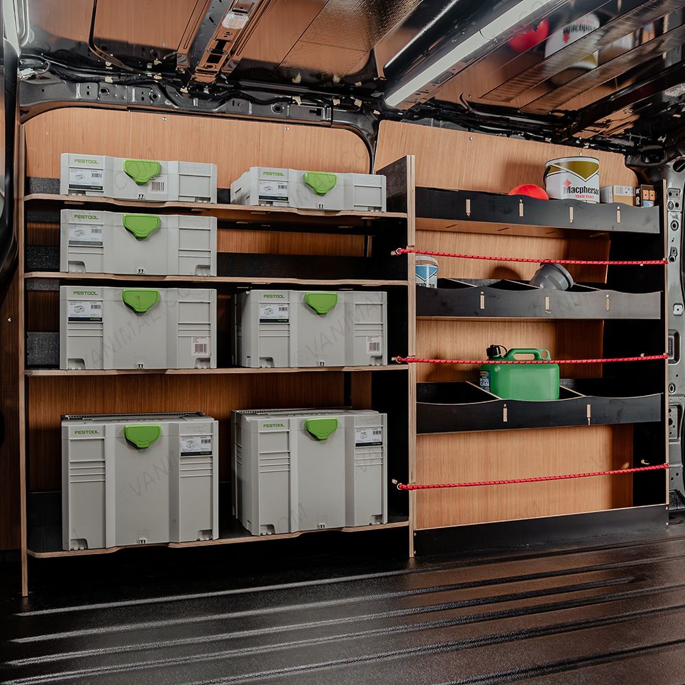 Side van angle view of the Fiat Scudo LWB Hexaboard Driver Side Racking inc x4 Festool Shelves