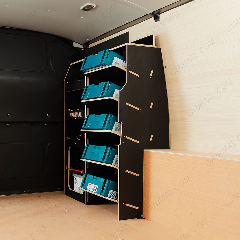 Rear van side angle view of the Fiat Scudo Hexaboard Front Ulti-Rack Van Racking V2 displayed with toolboxes and equipment