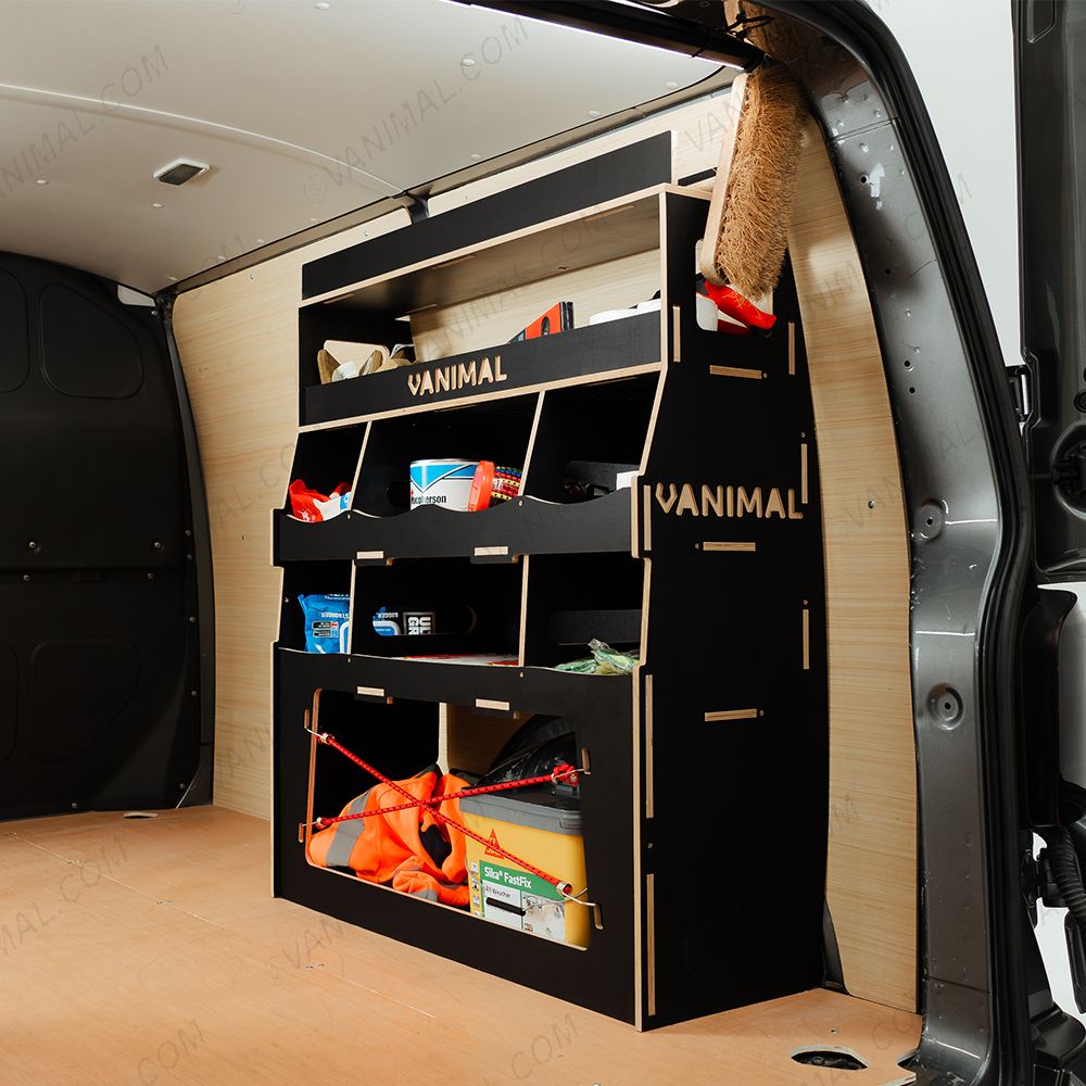 Rear van side angle view of the Fiat Scudo Hexaboard Rear Ulti-Rack Van Racking displayed with equipment