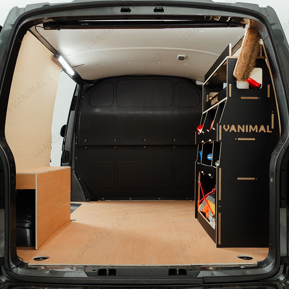Rear van view of the Fiat Scudo Hexaboard Rear Ulti-Rack Van Racking displayed with equipment