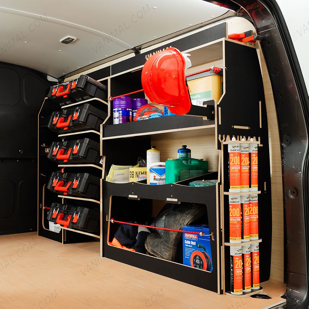 Rear van side angle view of the Fiat Scudo Hexaboard Driver Side Ulti-Rack Van Racking V2 displayed with Milwaukee toolboxes and equipment