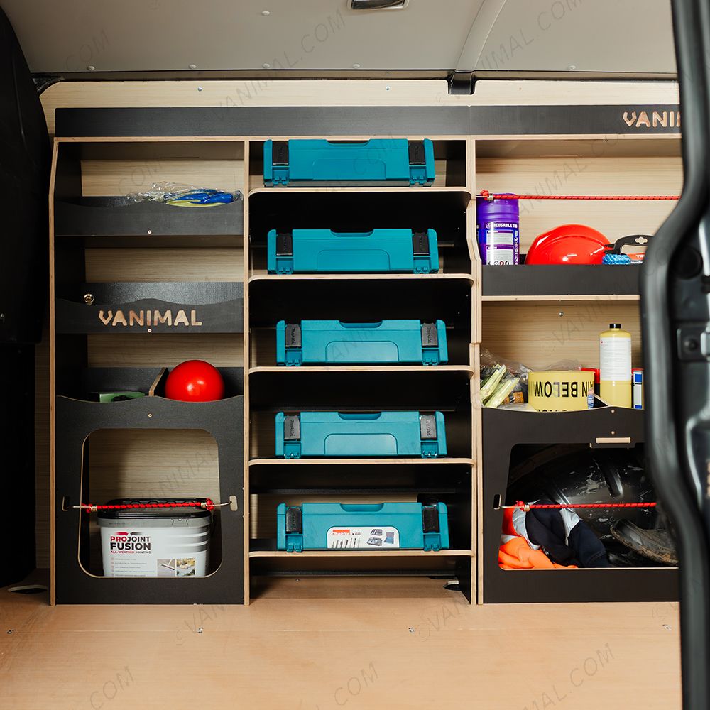 Side van view of the Fiat Scudo Hexaboard Driver Side Ulti-Rack Van Racking V2 displayed with Makita toolboxes and equipment