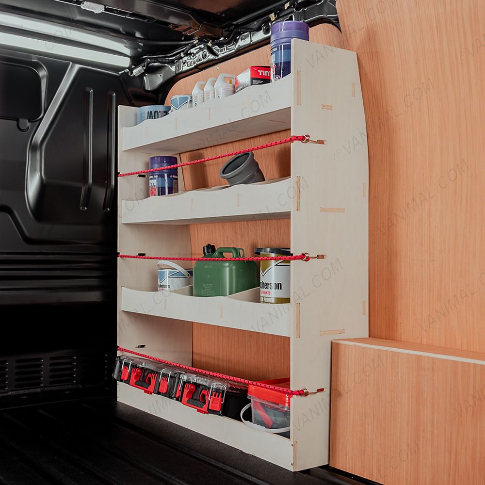 Side angle view of the Fiat Scudo Front Racking and Shelving Unit displayed with tools