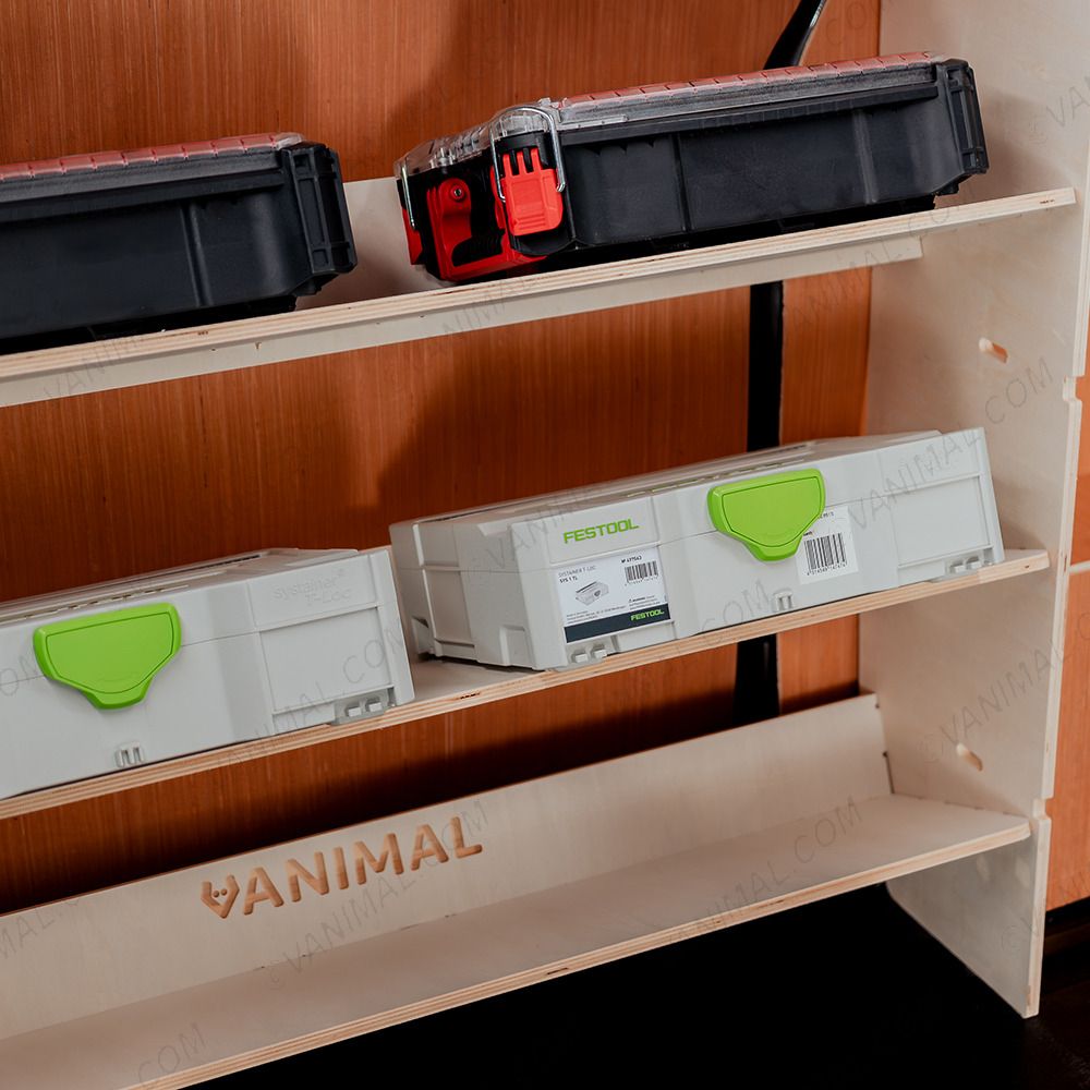 Close-up view of the Fiat Scudo Front Toolbox Racking with x4 Angled Shelves
