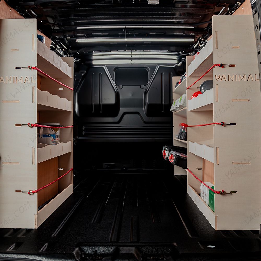 Rear van view of the Fiat Scudo SWB Triple Van Racking System with x4 Toolbox Shelves