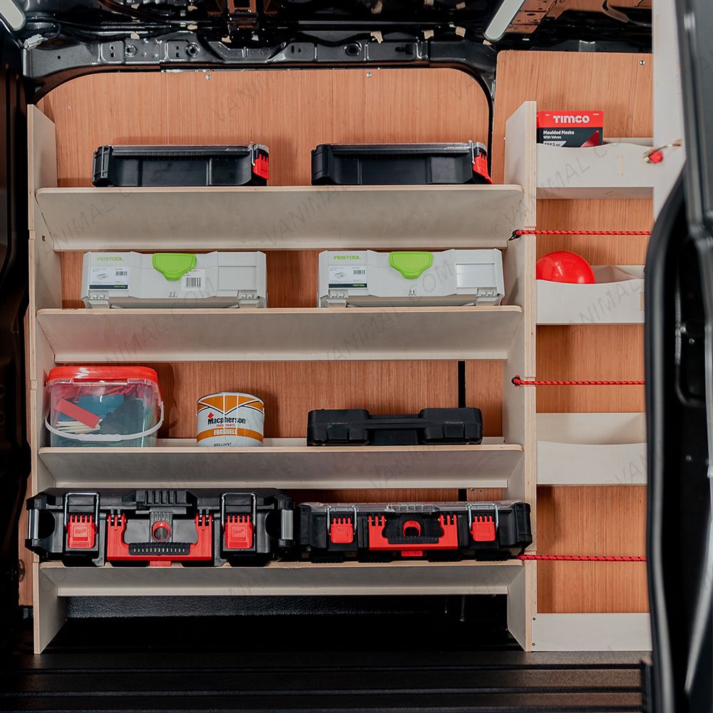Side van view of the Fiat Scudo SWB Triple Van Racking System with x4 Toolbox Shelves