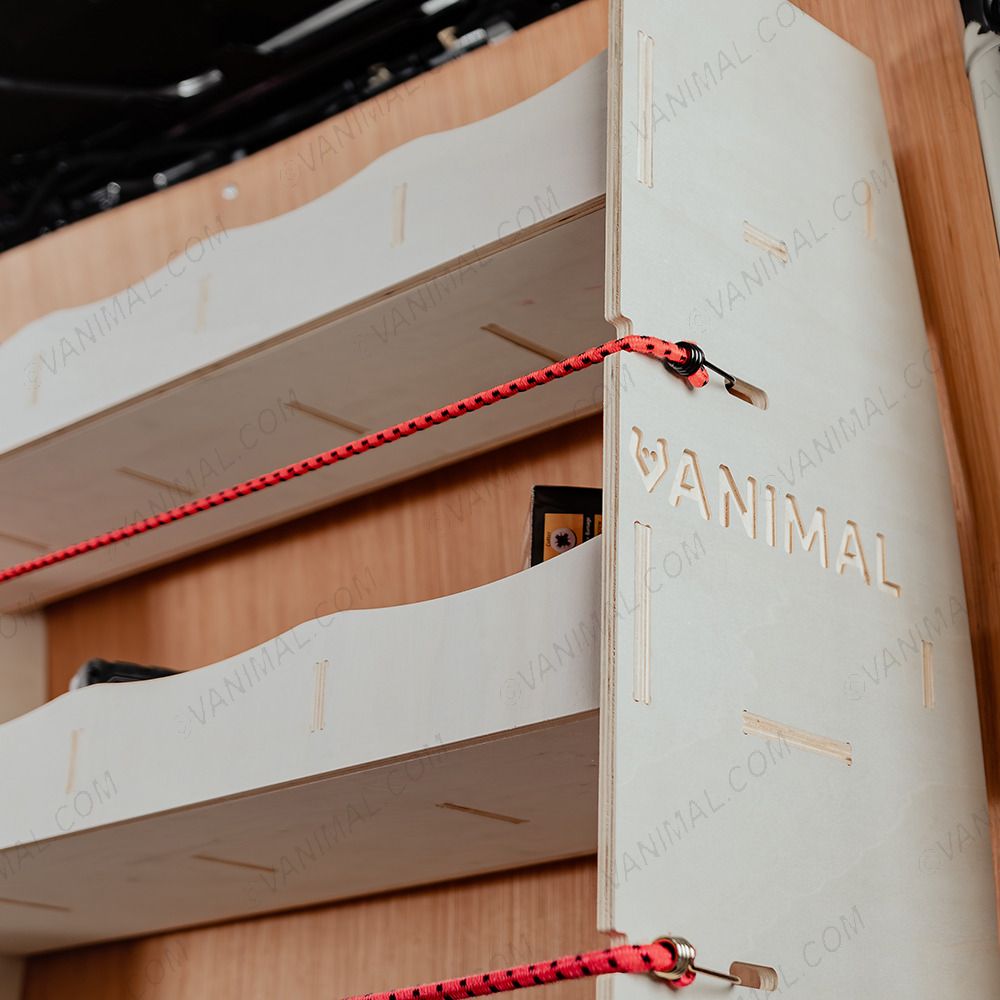 Close-up view of the Vanimal branding on the racking side panel and pre-notched for bungee cords