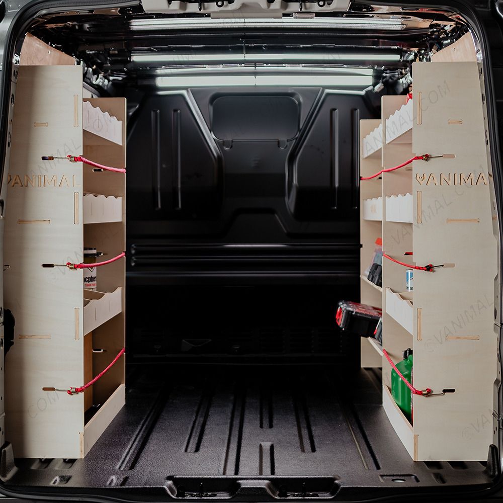 Rear van view of the Fiat Scudo SWB Triple Racking System with x2 Toolbox Shelves