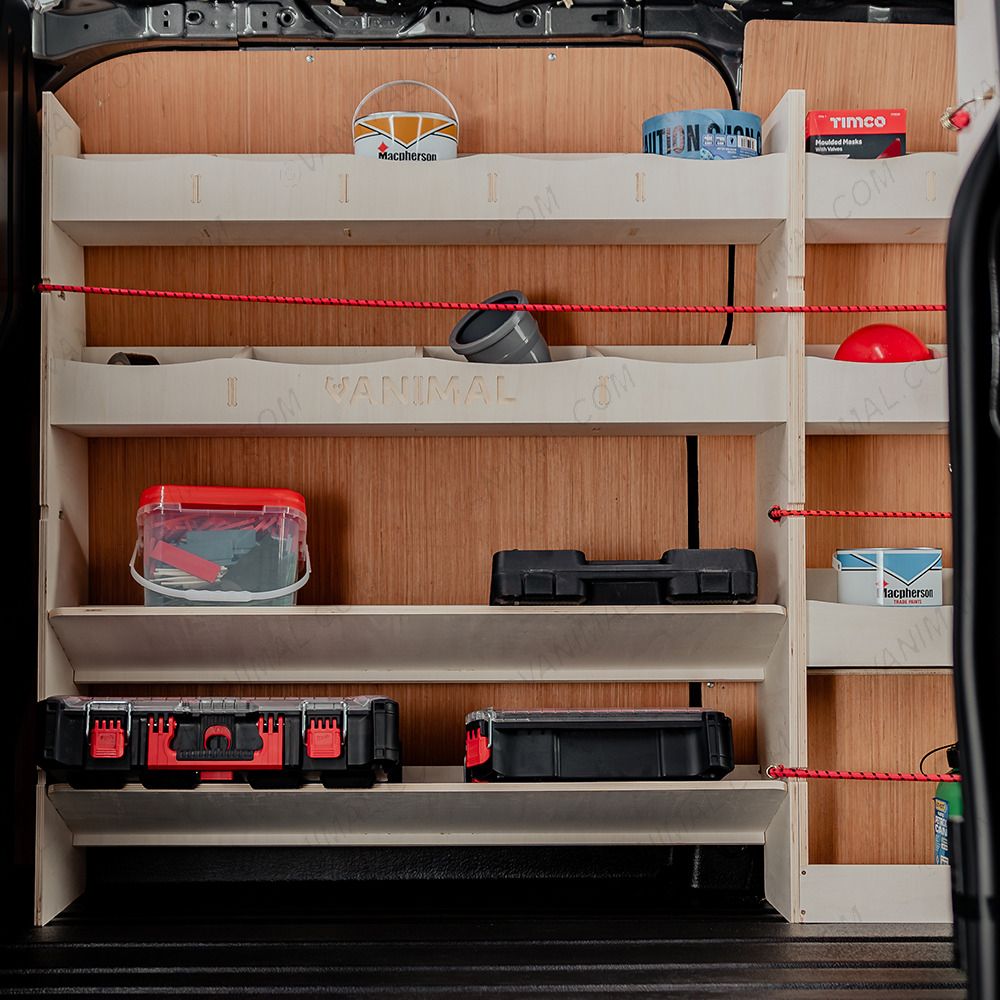 Side van view of the Fiat Scudo SWB Triple Racking System with x2 Toolbox Angled Shelves