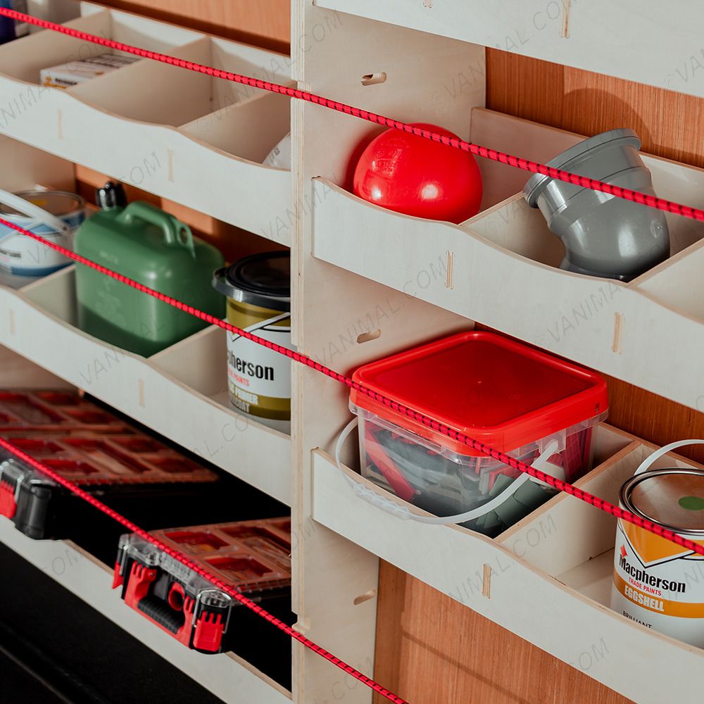 Close-up side angle view of the compartment on the Fiat Scudo SWB Full Driver Side Multi-Compartment Ply Racking