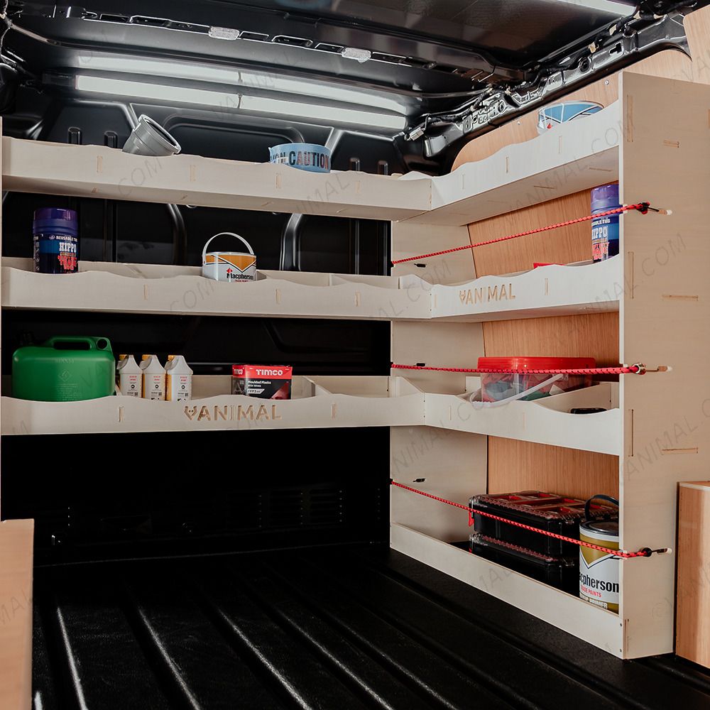 Rear van side angle view of the Fiat Scudo Bulkhead and Front L-Shape Racking (RH L-Rack) displayed with equipment