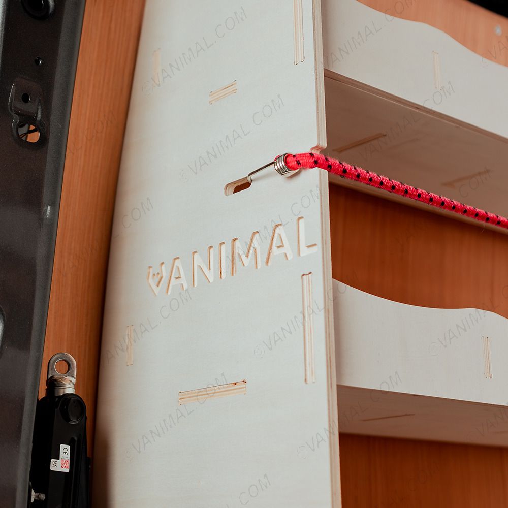 Side panel close-up view of the Vanimal branding and pre-notched bungee cords