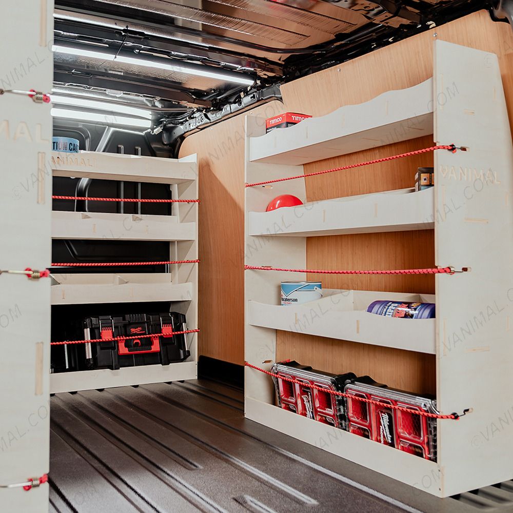 OS rear van view of the Fiat Scudo LWB Double Rear and Full-Width Bulkhead Ply Racking (Triple Pack)