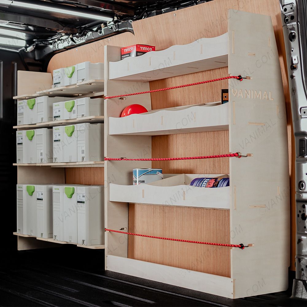 Rear van side angle view of the Fiat Scudo LWB Full Driver Side Ply Racking with Front Festool Shelving
